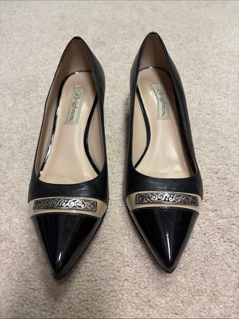 Brighton Black and Cream Pointed Toe Pumps with Decorative Metal Trim
